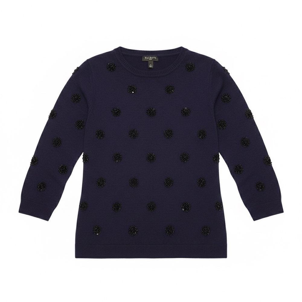 Talbots Sparkle Tinsel Dot Crewneck Sweater Navy Blue Lambswool Blend Size LP
